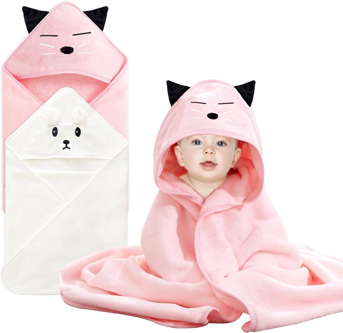 2 stuks capuchonhanddoek voor baby's, met capuchon en washandjes, 80 x 80 cm, koraalfleece, babyhanddoek, capuchon - ShopVlot