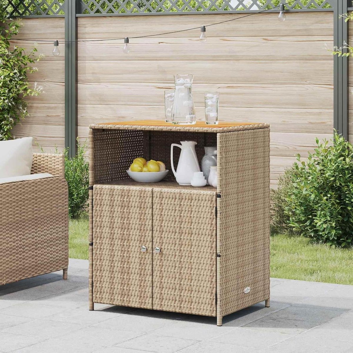 Opbergkast Tuin - Tuinkast Kast - Tuinieren Organiseren - Polyrotan en Hout - 70 x 50 x 87 cm - Beige