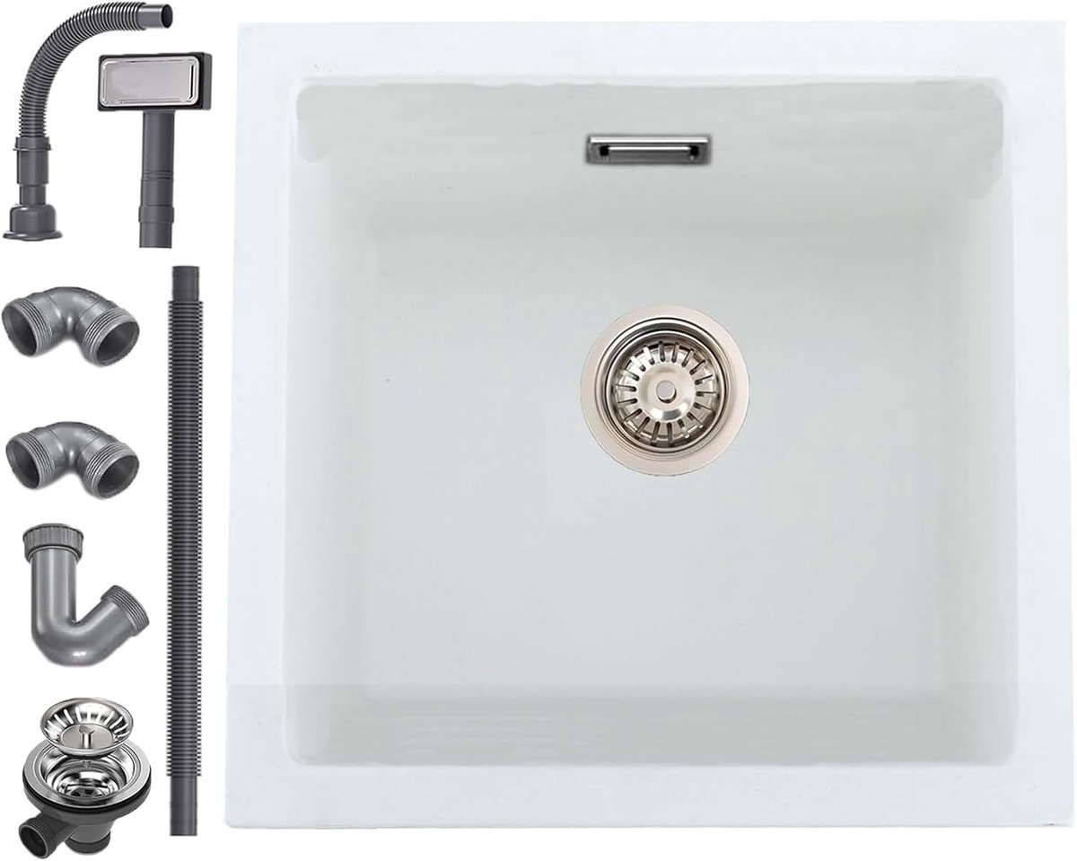 Quartz aanrecht 45x45x20cm, Quartz Keuken Inbouw Witte Spoelbak met Overloop - ShopVlot