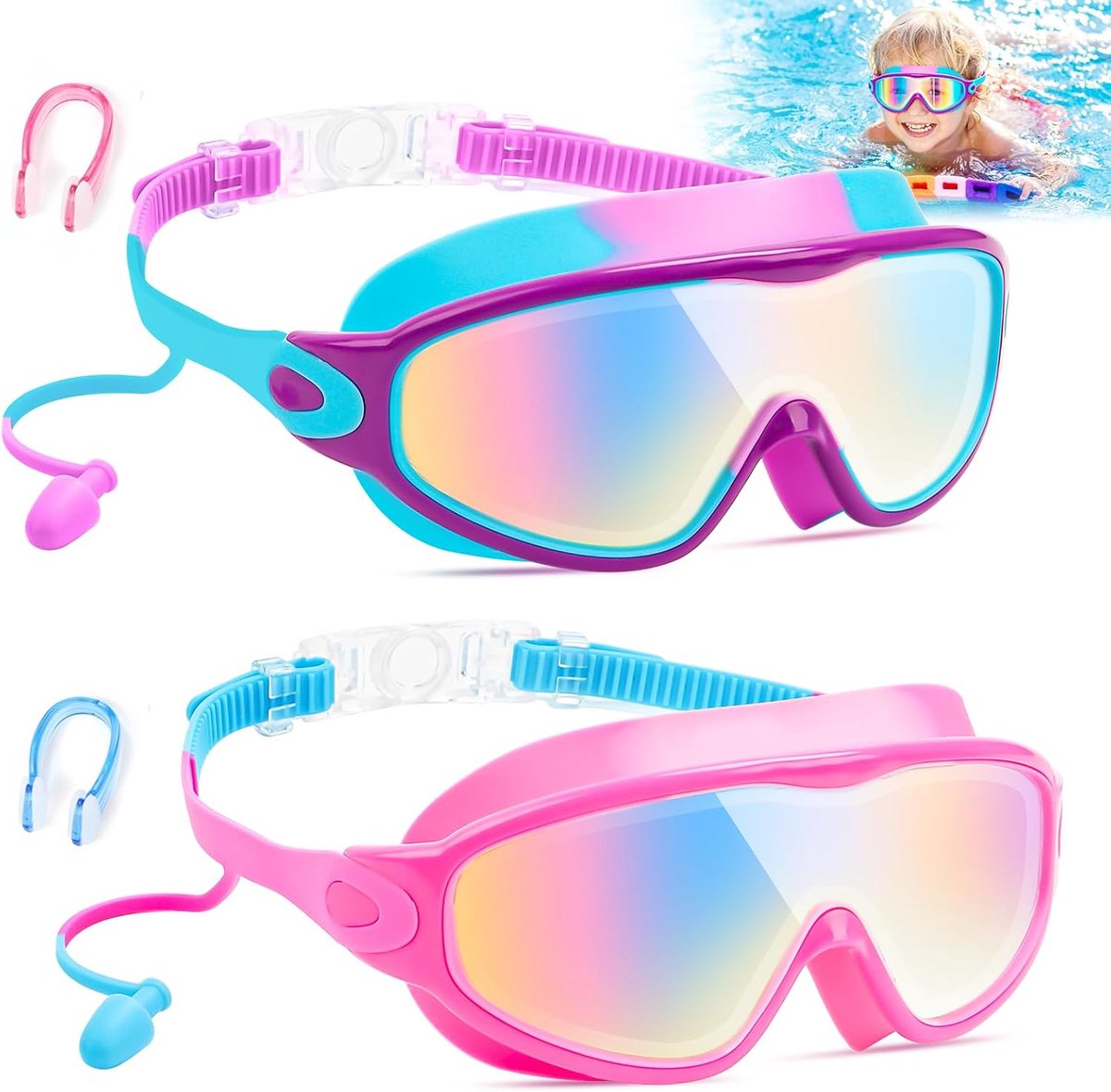 Zwemgoggles voor kinderen - verstelbaar silicone - breedhoek - anti-condens en UV-bescherming - set van 2 - ShopVlot