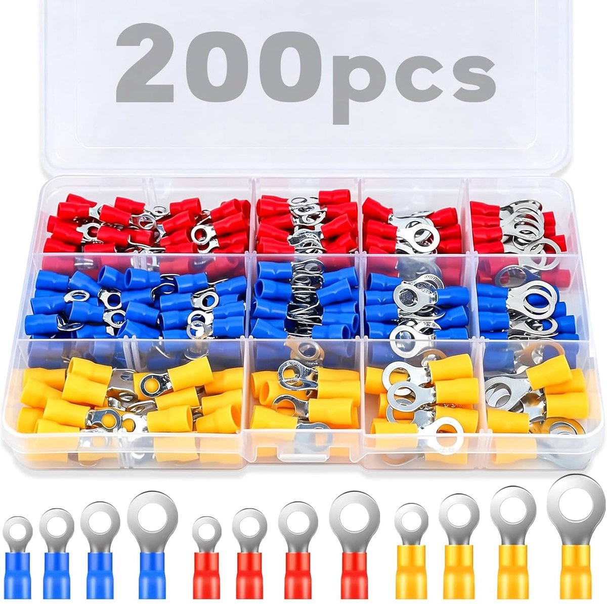 Ringlugs set 200 stuks - 0.5 - 6.0 mm² - gedeeltelijk geïsoleerd - duurzame verbindingen voor auto-onderdelen - ShopVlot