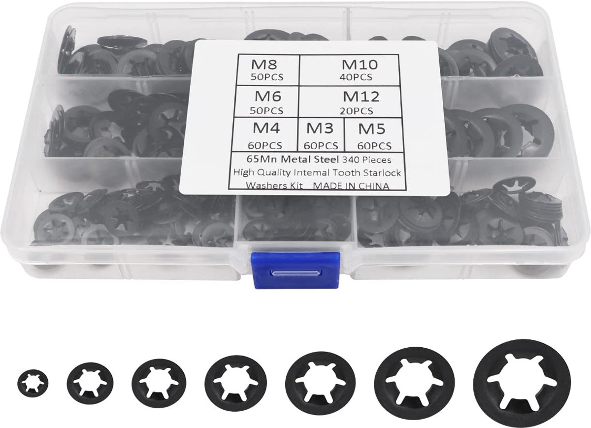 Washer set 340pcs - torx gat en snel sluitringen - 8 maten M3 t/m M12 - ideaal voor bevestigingen - ShopVlot