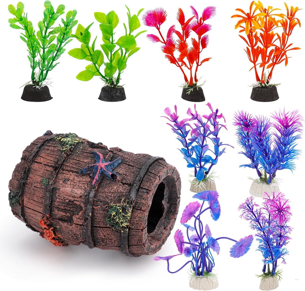 Aquariumdecoraties - 1 Kunststof Sterrenhuisje - 8 Kunstplanten - Veilig voor Vissen - ShopVlot
