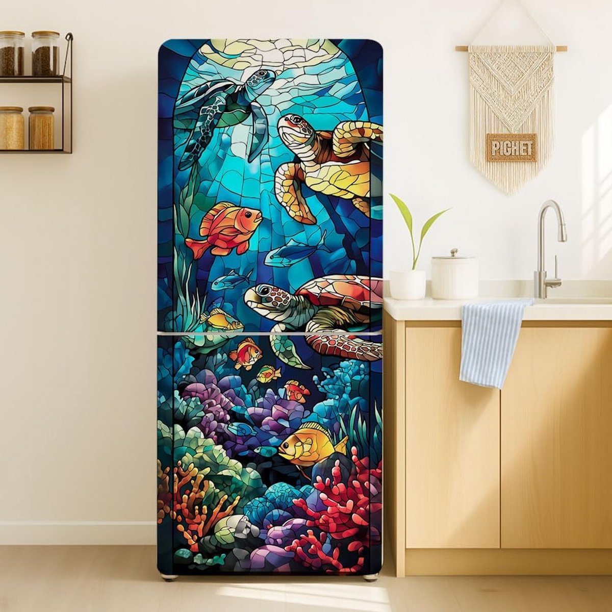 Koelkast wraps 2 stuks - mozaïek zeeschildpad - zelfklevend vinyl - vrolijke onderwaterdecoratie - ShopVlot