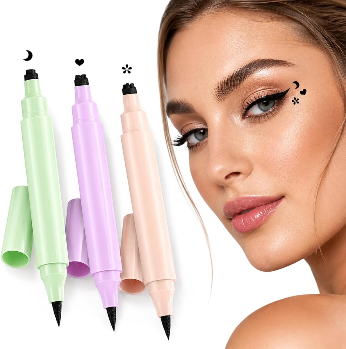 eyelinerstempel set - 3 motieven: bloem, hart, maan - zwart - waterdicht en duurzaam - ShopVlot