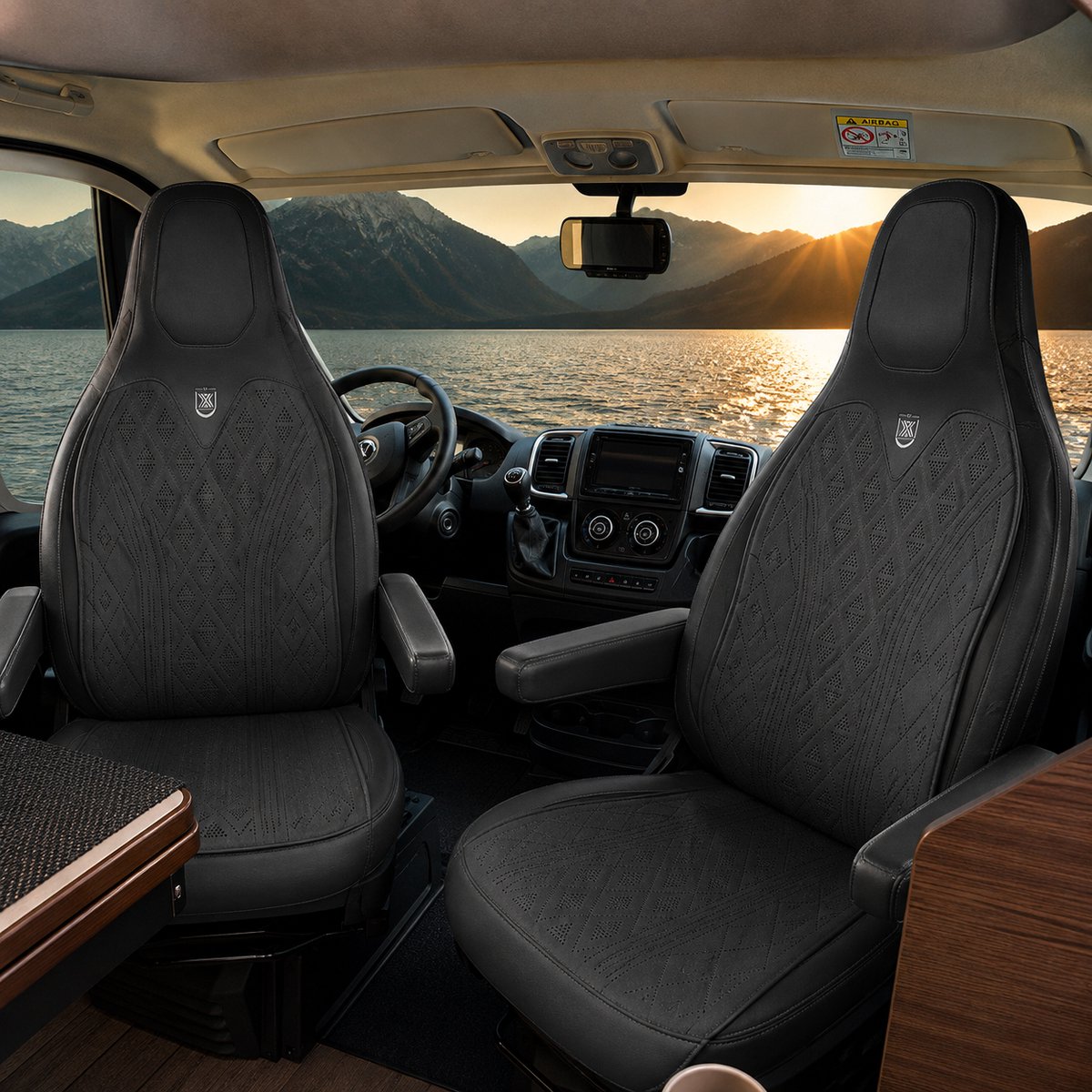 AIM Camperstoelbeschermer – Luxe PU Imitatieleer Zit- en Rugkussen - Set van 2 – Fiat Ducato camper – Airbag Compatibel - SCB - Zwart