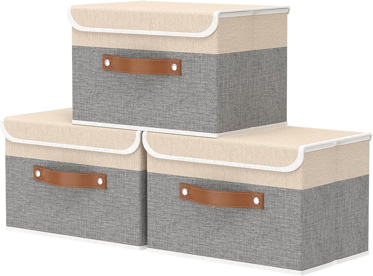 OUTBROS 38x25x25cm Foldable Storage Box with Lid, Linen Fabric Clothes Shelf Basket Baking Box for Towels, Clothes - ShopVlot