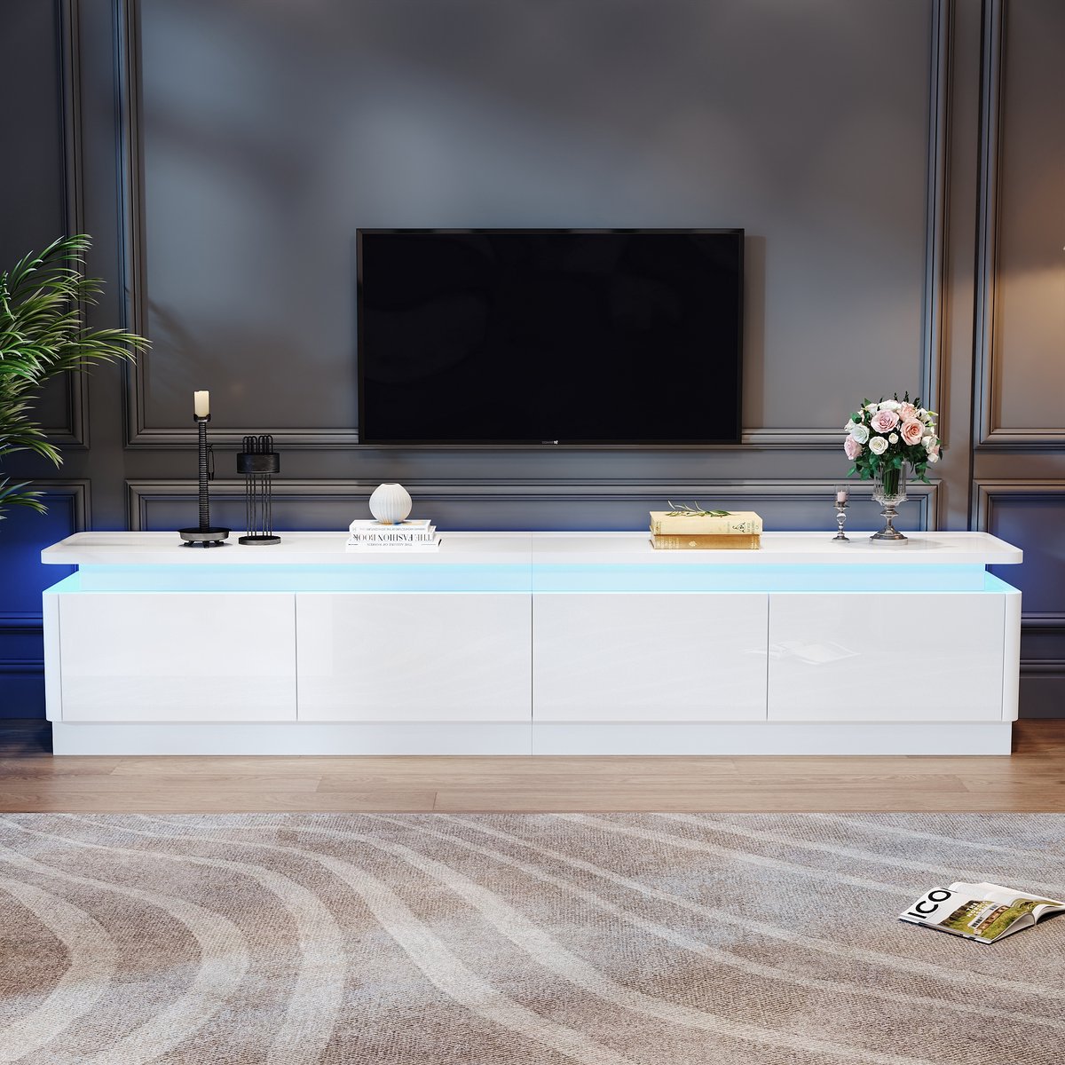 DESMIU TV Meubel Hoogglans Met LED En 4 Lades Voor Woonkamer Wit 180x34x40 Cm Geschikt Voor Tv Tot Ca 75 Inch