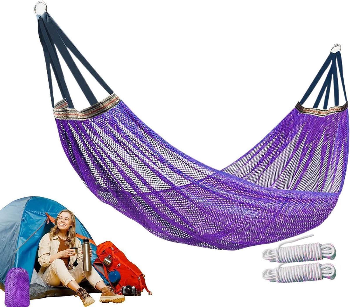 Reishangmat - Kampeerhangmat Buitenhuis - Ontspannen Buiten - Ademend Ice Silk Mesh - 260x130 cm - Paars