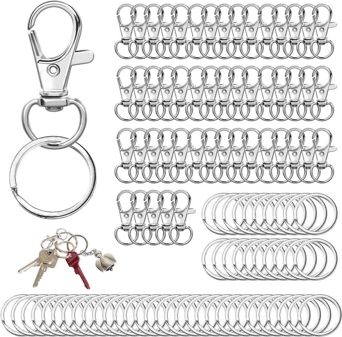 Solidchoice - 100 Stuks Metalen Karabijnhaken en Sleutelhangers Set