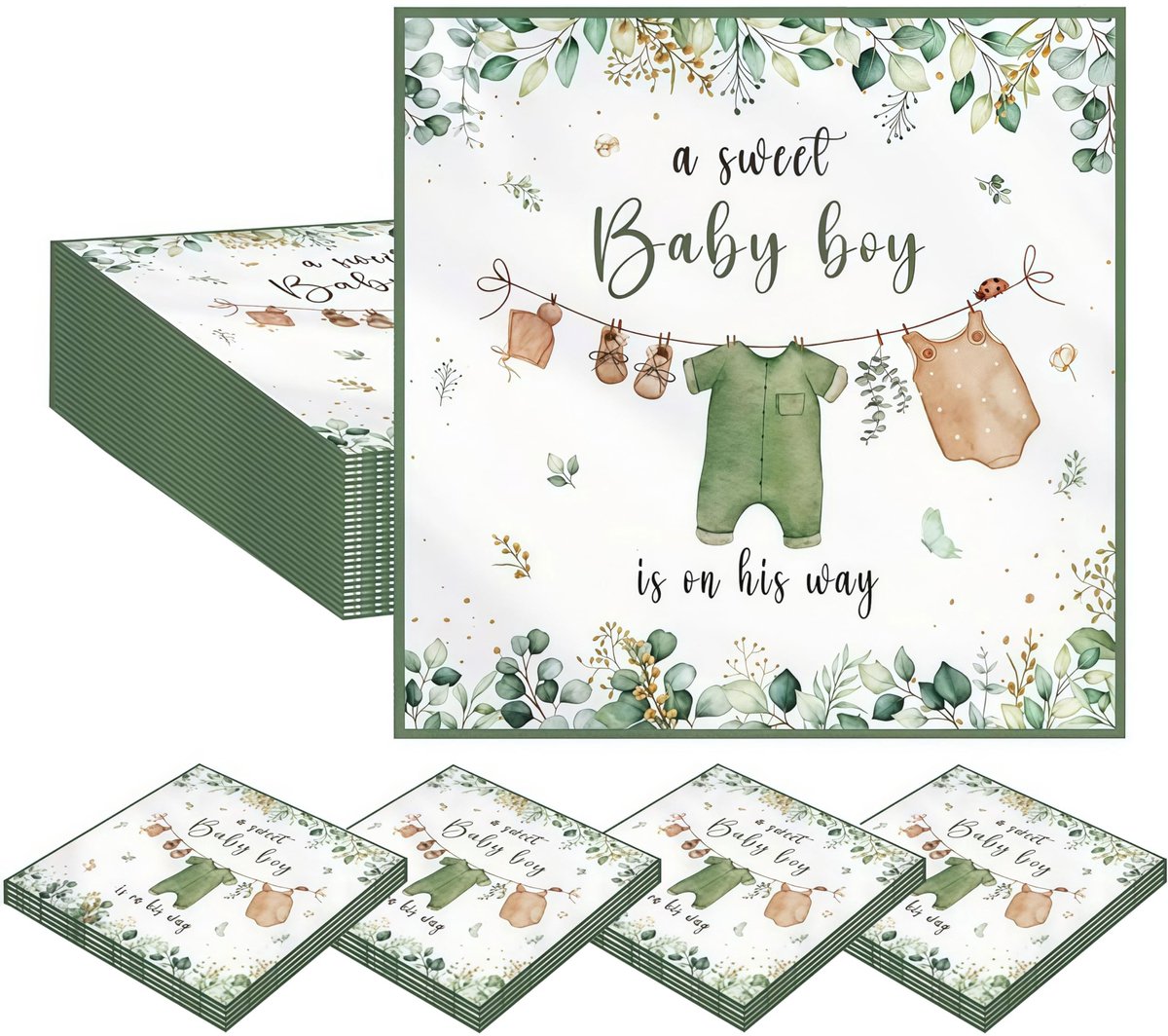 SnelShoppen - 20 Stuks Baby Shower Servetten Decor - Waterverf Groen Jongens - 6.5" x 6.5" - Luxe Papieren Servetten voor Babyshower Feestje - Perfect