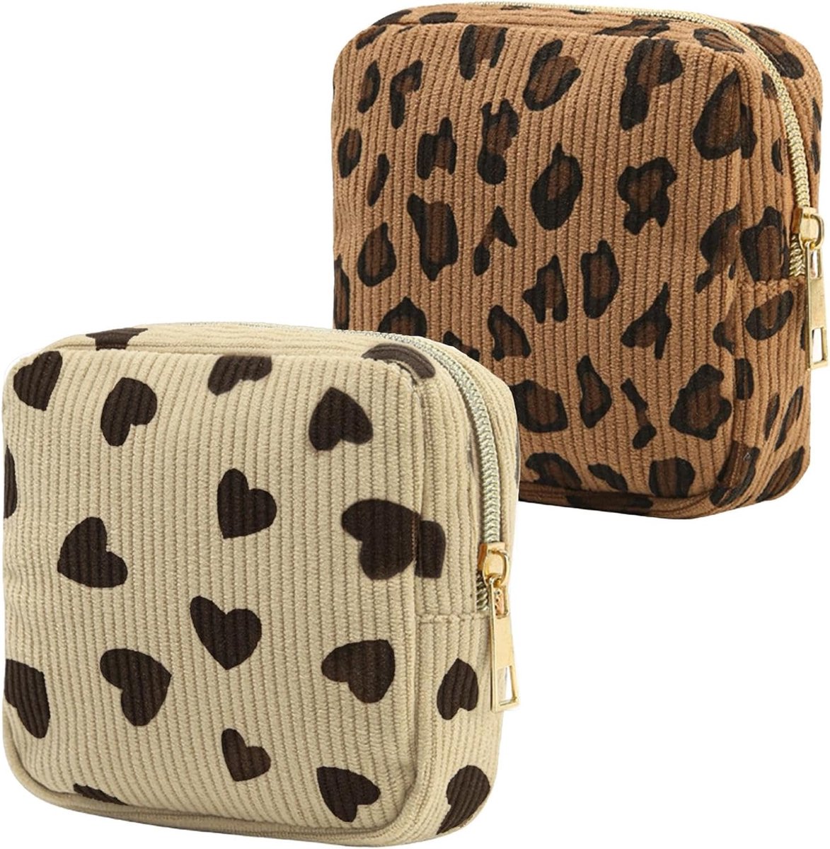 Kleine toilettas dames - 2 stuks - corduroy - luipaard en hartprint - perfect voor make-up en accessoires - ShopVlot