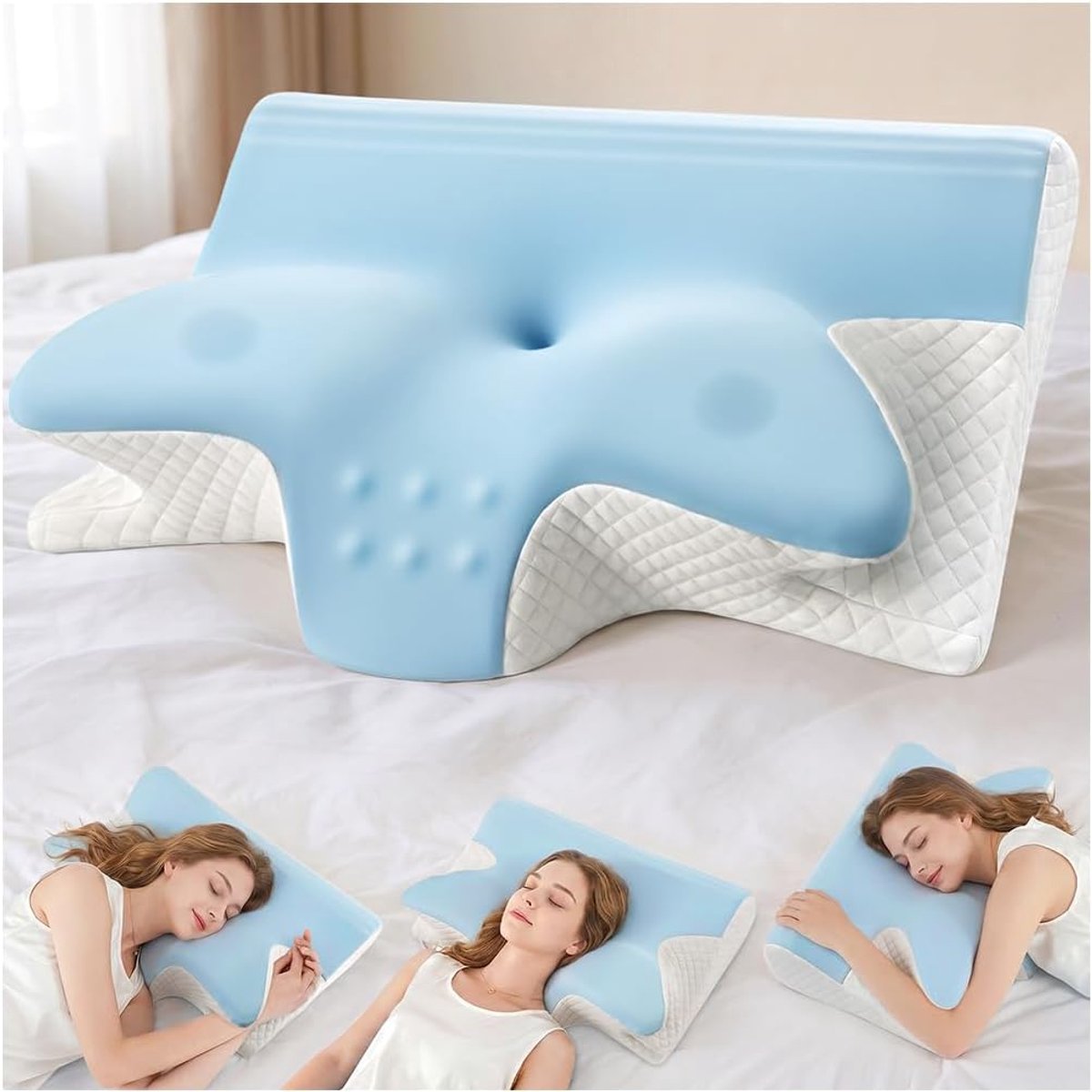Ergonomisch neksteun kussen - geheugenfoam - lichtblauw - voor een ontspannen slaap - ShopVlot