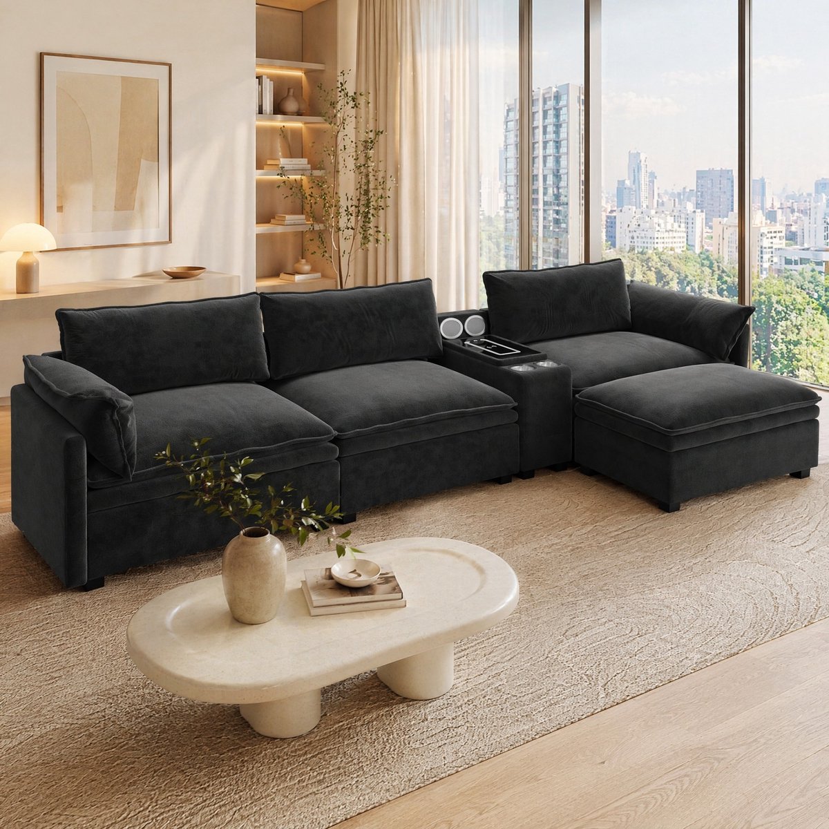 DESMIU Hoekbank 315 Cm - Modulaire L-Vormige Bank Met Opbergruimte, Ottoman, Draadloos Laden, Geluid En Licht - Woonkamer En Kantoor - Chenille Zwart