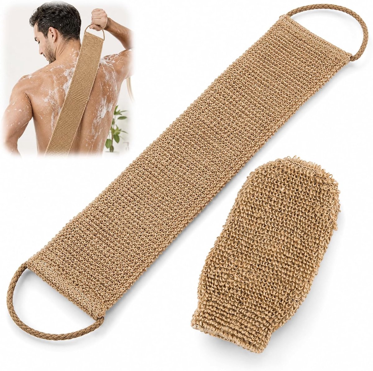 Rugschrobber set - jute rugband en peelinghandschoen - effectief tegen dode huidcellen - voor dames en heren - ShopVlot