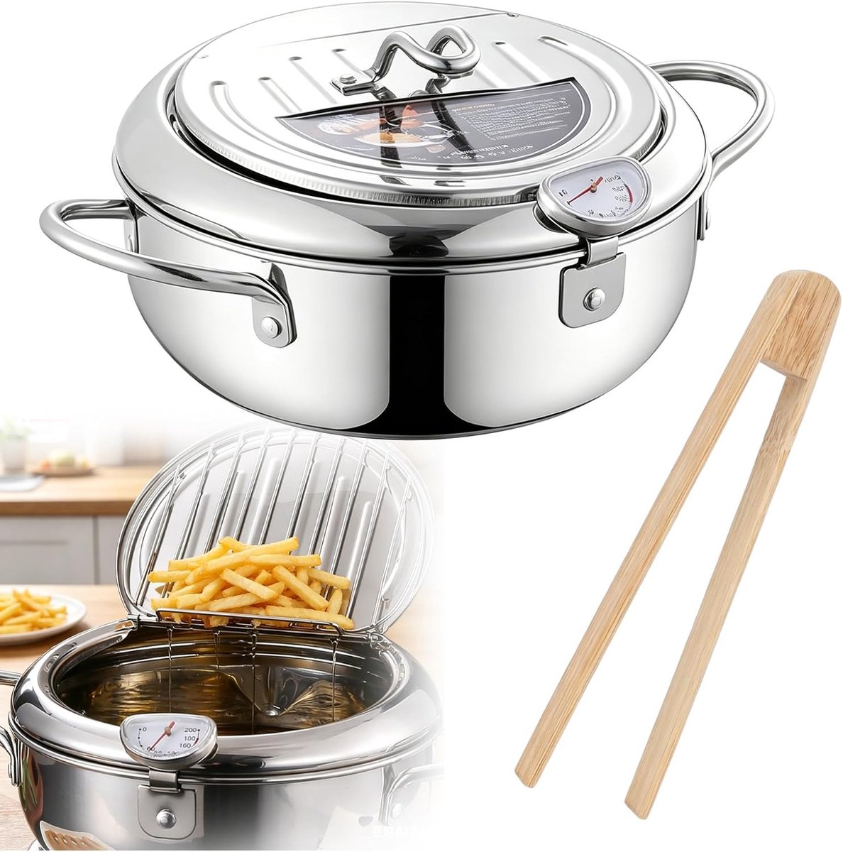 Tempura Frituurpan met Thermometer - RVS - Inclusief Afvoer en Bamboeklips - Perfect voor Frites en Vis - ShopVlot