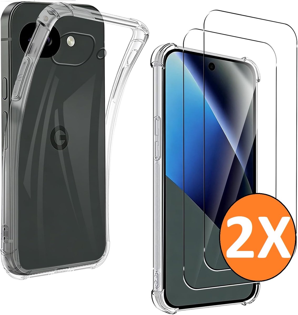 Hoesje Geschikt voor Google Pixel 10a - transparant Anti Shock silicone hoesje met 2 Pack Screenprotector tempered glass