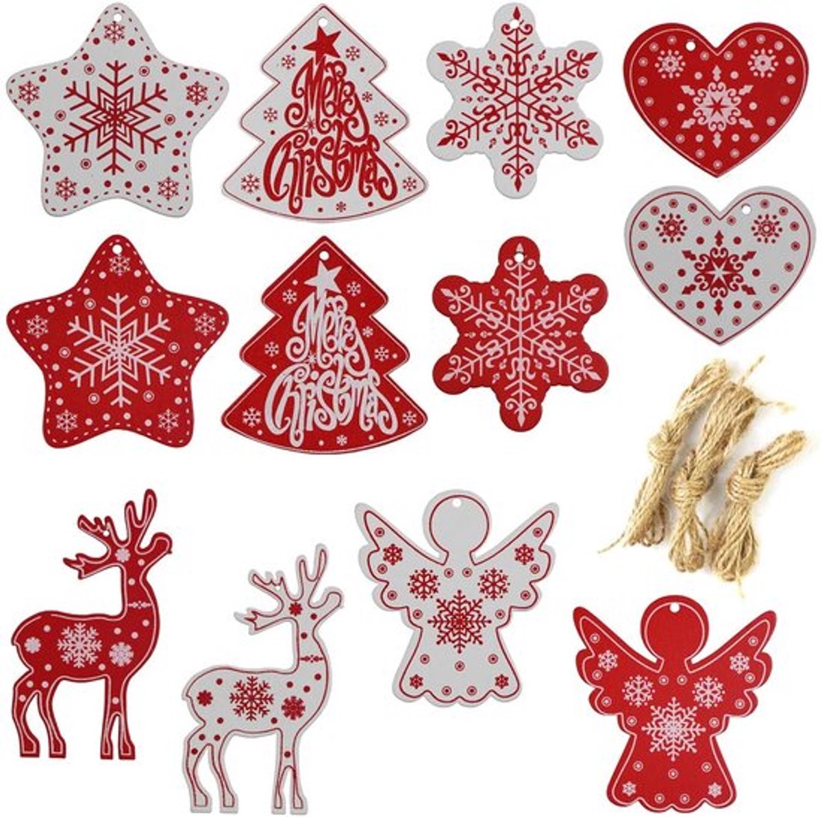 Kerstboomversiering 12 Stuks - Houten Decoratie - Dennensieraad met Jute Koord - DIY Knutselen - 6,5-8 cm Grootte - Rood/Wit - Kerstdecoratie