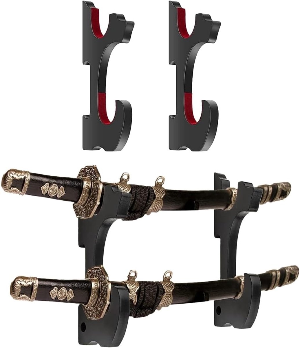 Wandhouder voor zwaarden met 2 compartimenten - Houten design - Rode fluwelen voering - ShopVlot