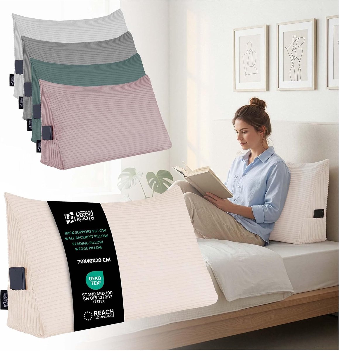 Back Cushion Wedge Kussen 70x40x20cm - Ribfluweel 380g/m² - Afneembare hoes - Ergonomische rugsteun - ShopVlot