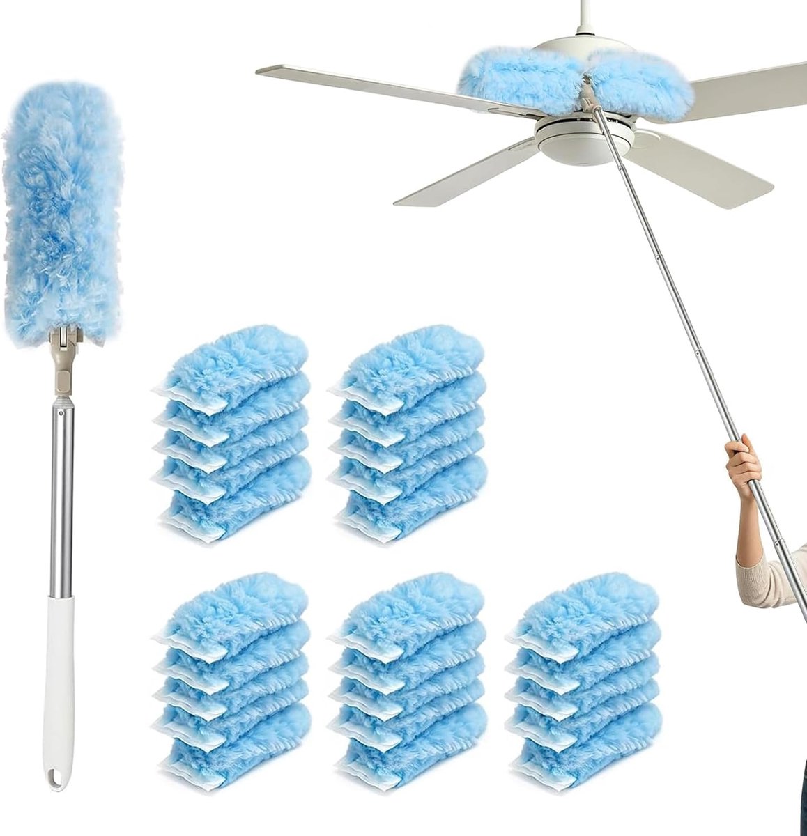 Uittrekbare reinigingsgreep 210 cm - met 25 wegwerpstofdoeken - 360° draaibare stofmagneet - ideaal voor hoge plafonds - ShopVlot