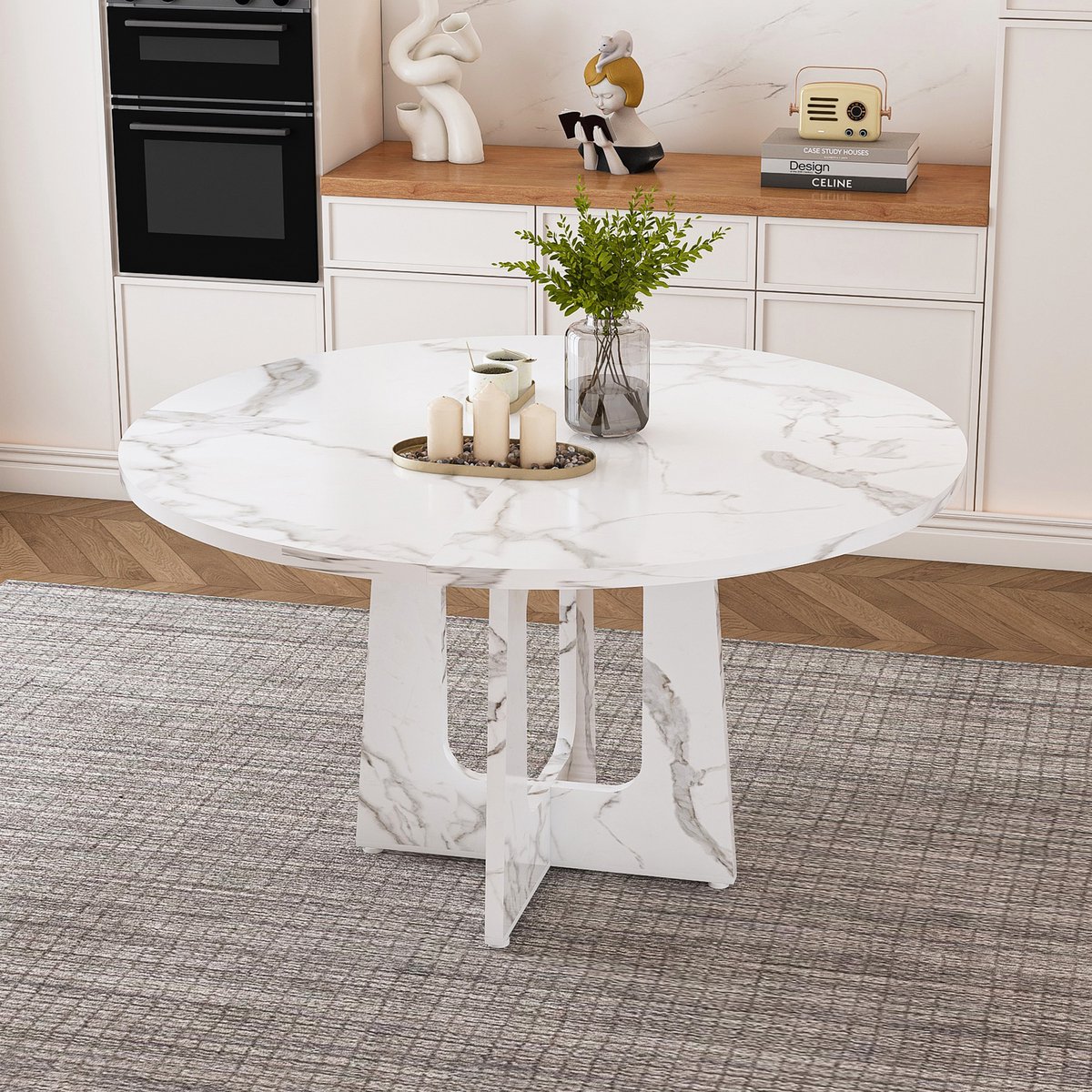 MODFU Eettafel - Rond - Marmerlook - Wit - MDF - 120 Cm - 76 Cm Hoog