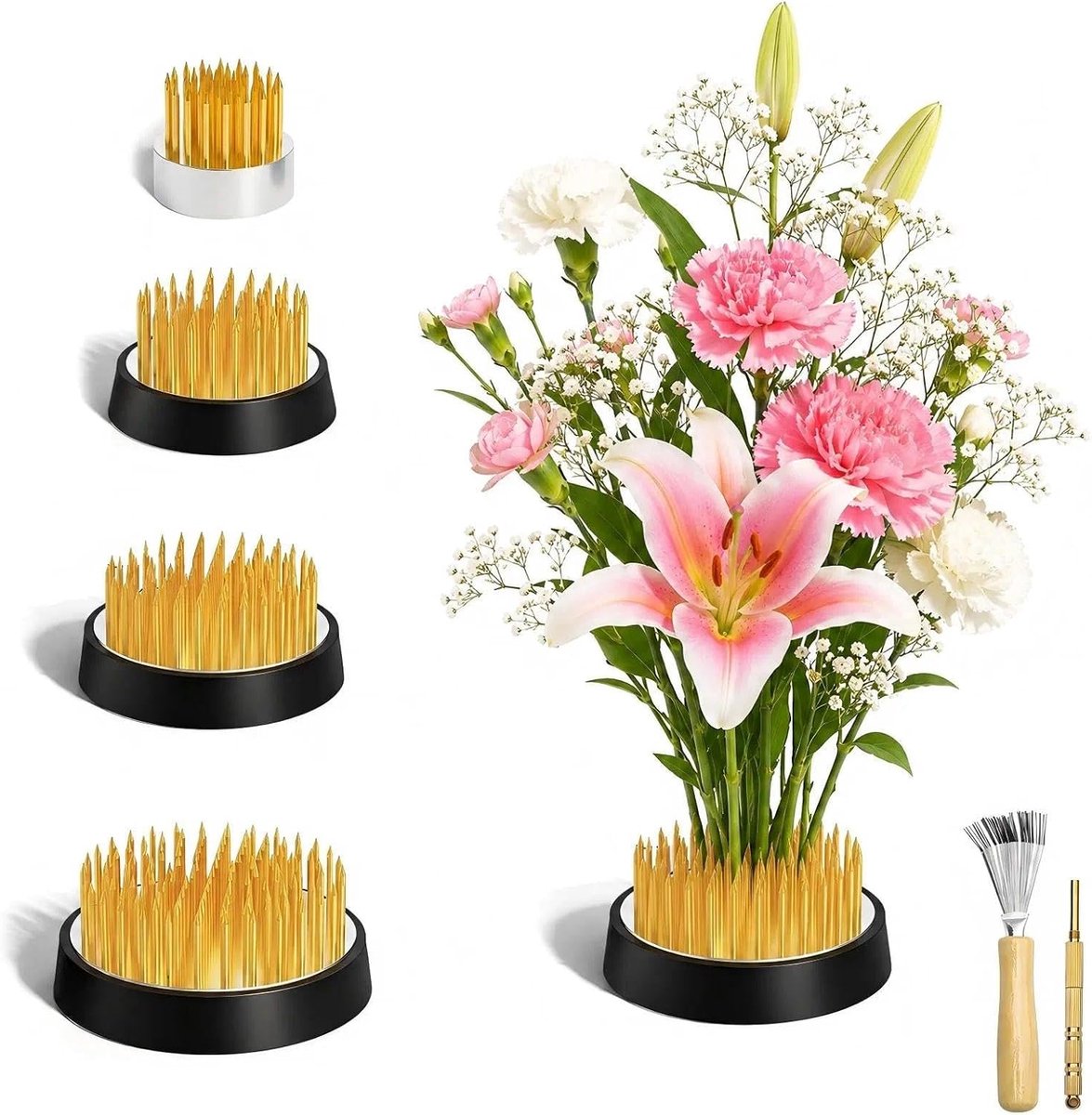 Ikebana egel 4 stuks - antislip bloemenkikker - met reinigingshark en correctiegereedschap - ShopVlot