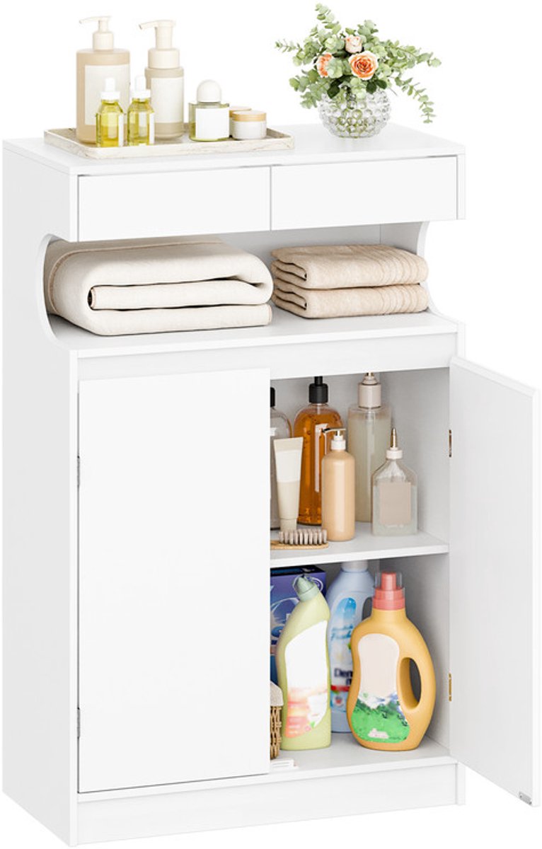 Hzuaneri Badkamerkasten met laden, badkamervloerkast met open opslag, 2 deuren, verstelbare plank, vrijstaande opbergkast voor woonkamer 30 × 60 × 90 cm, wit
