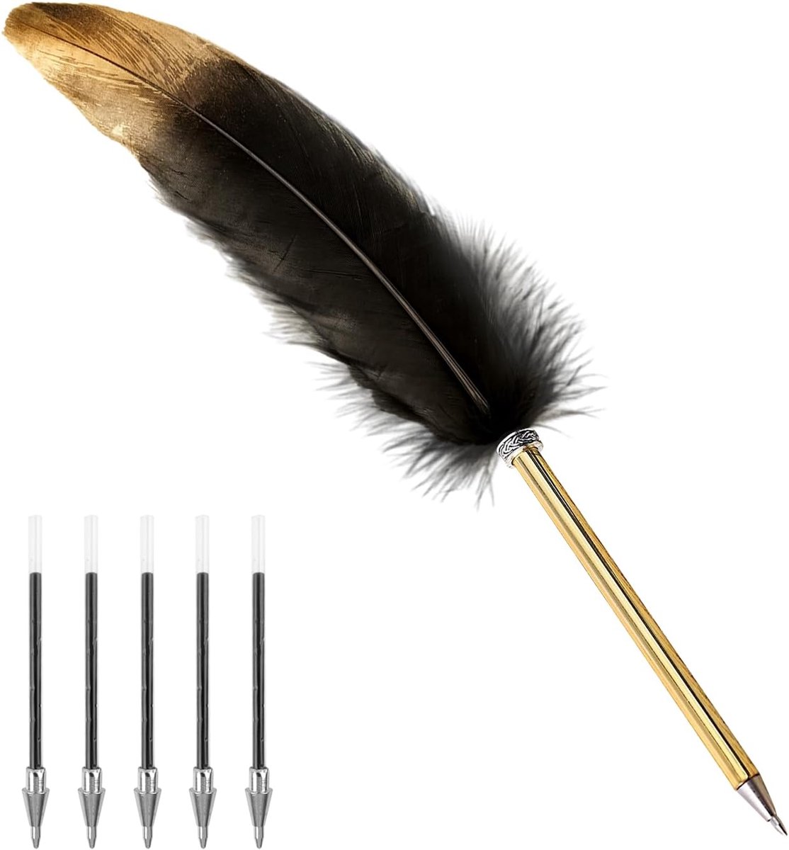 Ballpoint Pen, High Quality Pen, Vintage Black Feathers, for Writers, Students, Feather for Writing, Spring Keel with - ShopVlot