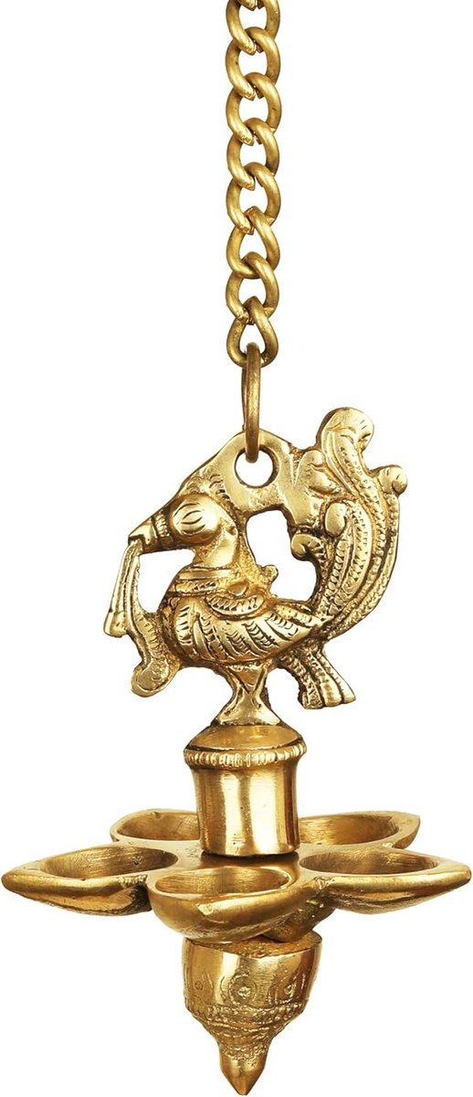 Metal Peacock Wall Hanging Diya Deepak Panchmukhi Oil Lamp, Lotus Oxidized White Gold Plated Indian Traditional Pooja - ShopVlot