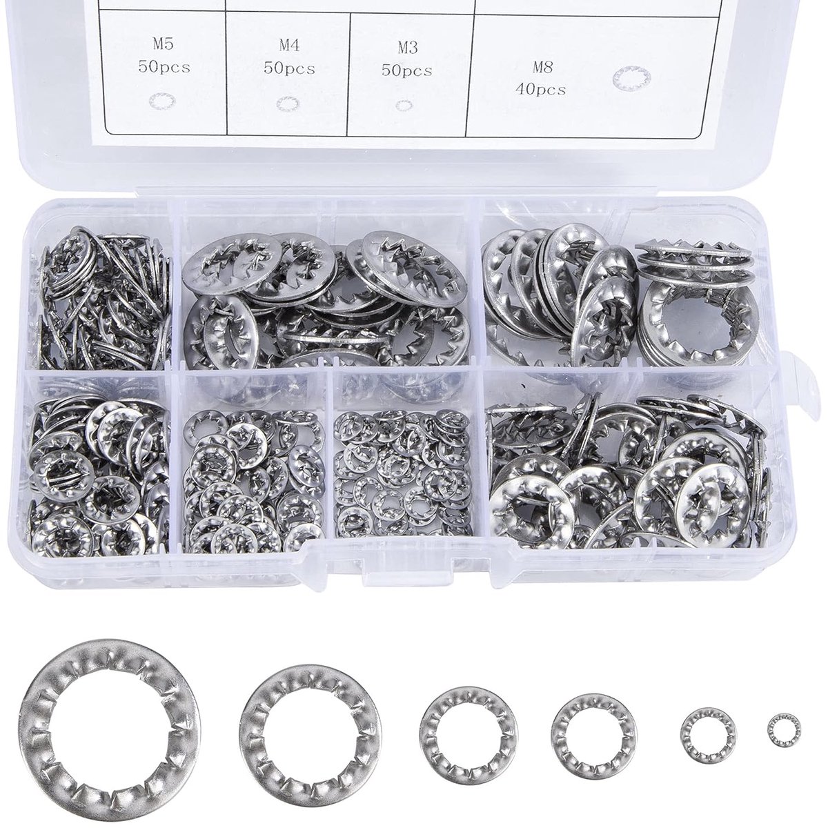 Borgringen Starlock geassorteerde set roestvrij stalen binnentand-sluitringen M3, M4, M5, M6, M8, M10, M12, 270 stuks - ShopVlot