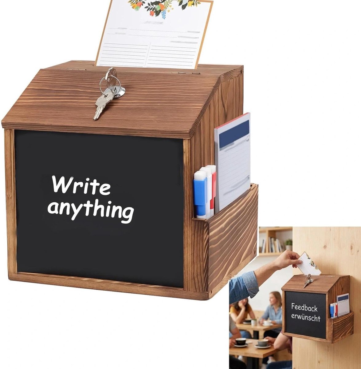 Afsluitbare houten voorsteldoos met schrijfbord en insteekslot, veelzijdige keuze urn en donatiebox voor restaurant - ShopVlot