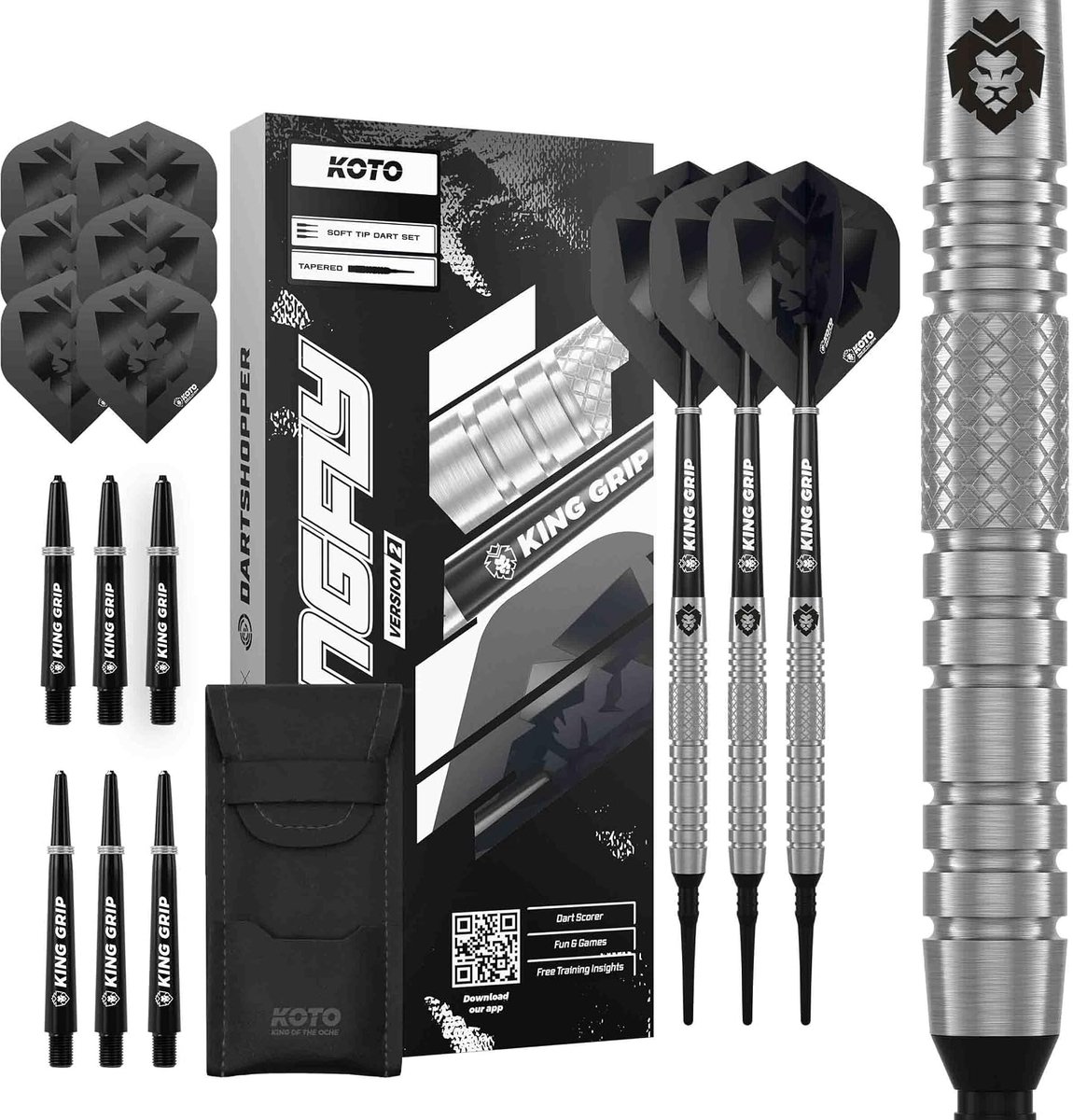 KOTO - Kingfly V2 Soft Tip Darts 18g, Dart Arrows, Silver, Length: 45 mm, Thickness: 6.35 mm, Darts Set Incl. 3 - ShopVlot