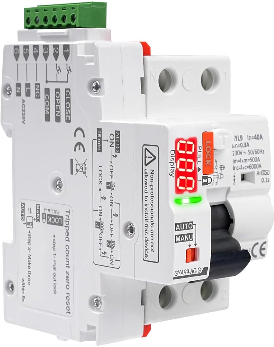 BuyWeek GYAR9-AC-G FI Safety Switch, 2-Pole, Smart Circuit Breaker, Automatic Re-Switching, FI Switch, Fuse Dispenser - ShopVlot