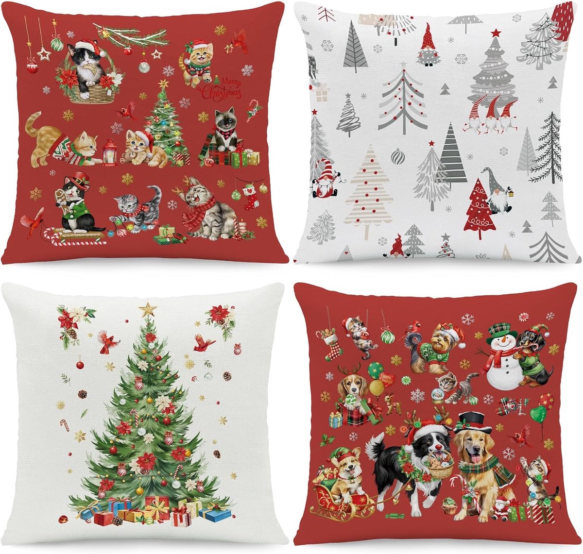 Kussensloop, 45 x 45 cm, set van 4 kussenslopen, dieren, Kerstmis, polyester, kussenhoes, decoratieve bankkussens - ShopVlot