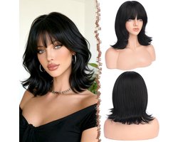 FESHFEN Bob Wig with Bangs - Wavy Layered Hair Wigs Women Medium Natural Black Wig Synthetic Wigs with Fringe for - ShopVlot