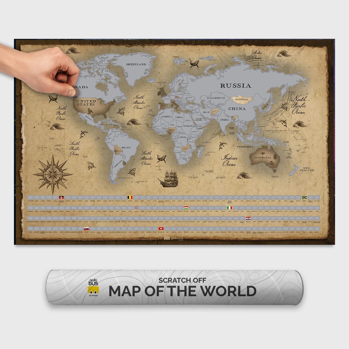 Scratch map wereldkaart 68 x 43,5 cm - gecoat papier - met vlaggen - ontdek je reisavonturen - ShopVlot