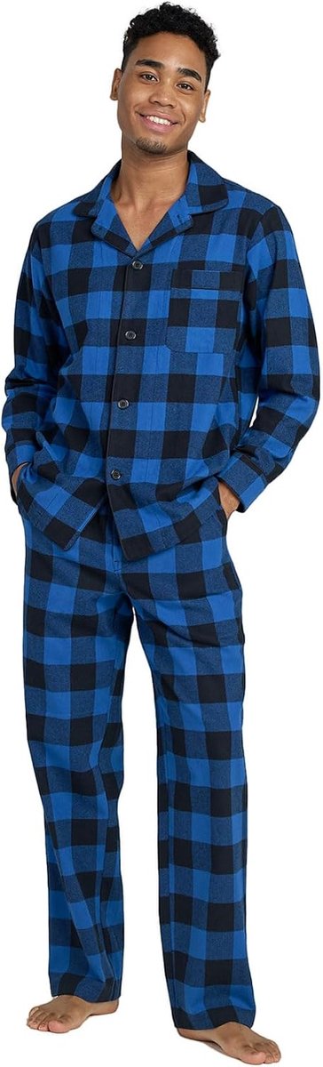 LAPASA Men's Pajamas Set Plaid PJs With Pockets And Drawstring Lounge Wear, Cotton Flannel M95, Black + Blue Checked - ShopVlot