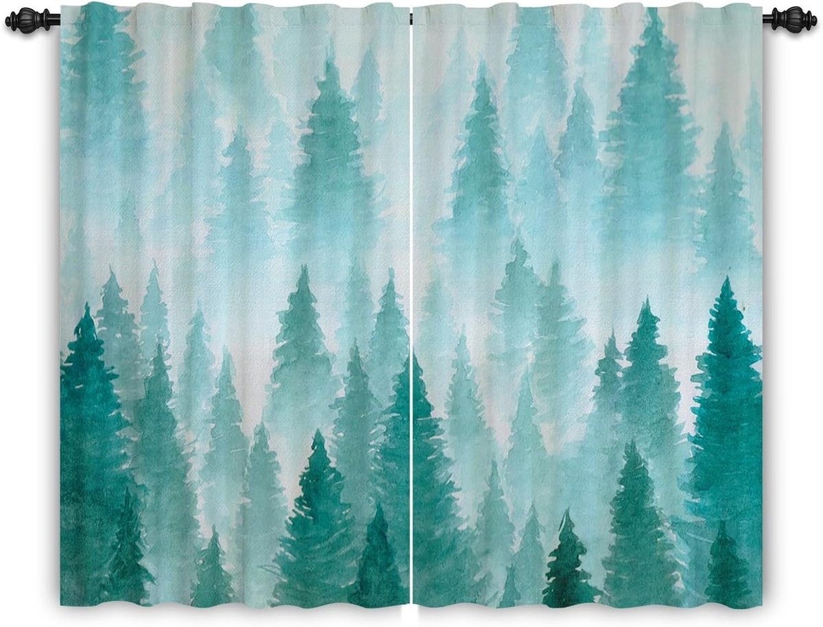 Foggy Forest Curtain Cloudy Mountains of Pine Landscape Nature Green Watercolor Curtains Abstract Pencil Folding for - ShopVlot