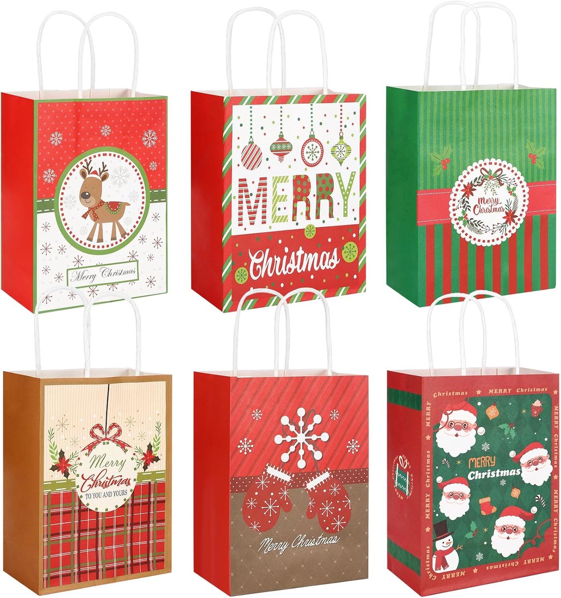 Staranry Set van 12 Kerstcadeauzakjes van Kraftpapier met Handvatten, 6 Kerstontwerpen, Cadeautasjes voor Feestdagen - ShopVlot