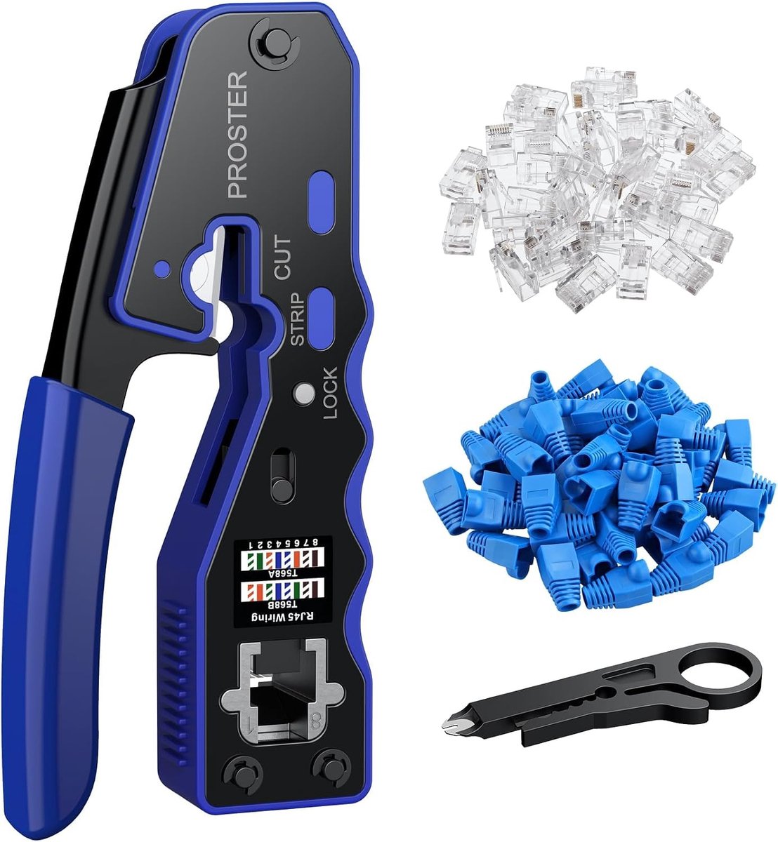 Proster RJ45 Pass Through Crimping Tool Multi-Purpose Network Cable Crimp Tool Set RJ45 Cat6 Cat5e with 50 Cat6 Plugs - ShopVlot