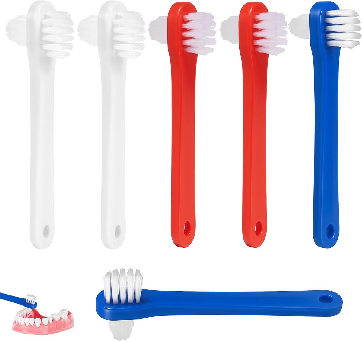 Prothesentandborstel, 6 stuks, dubbelzijdige tandprothesenborstel voor dagelijkse reiniging, wit, blauw, rood - ShopVlot