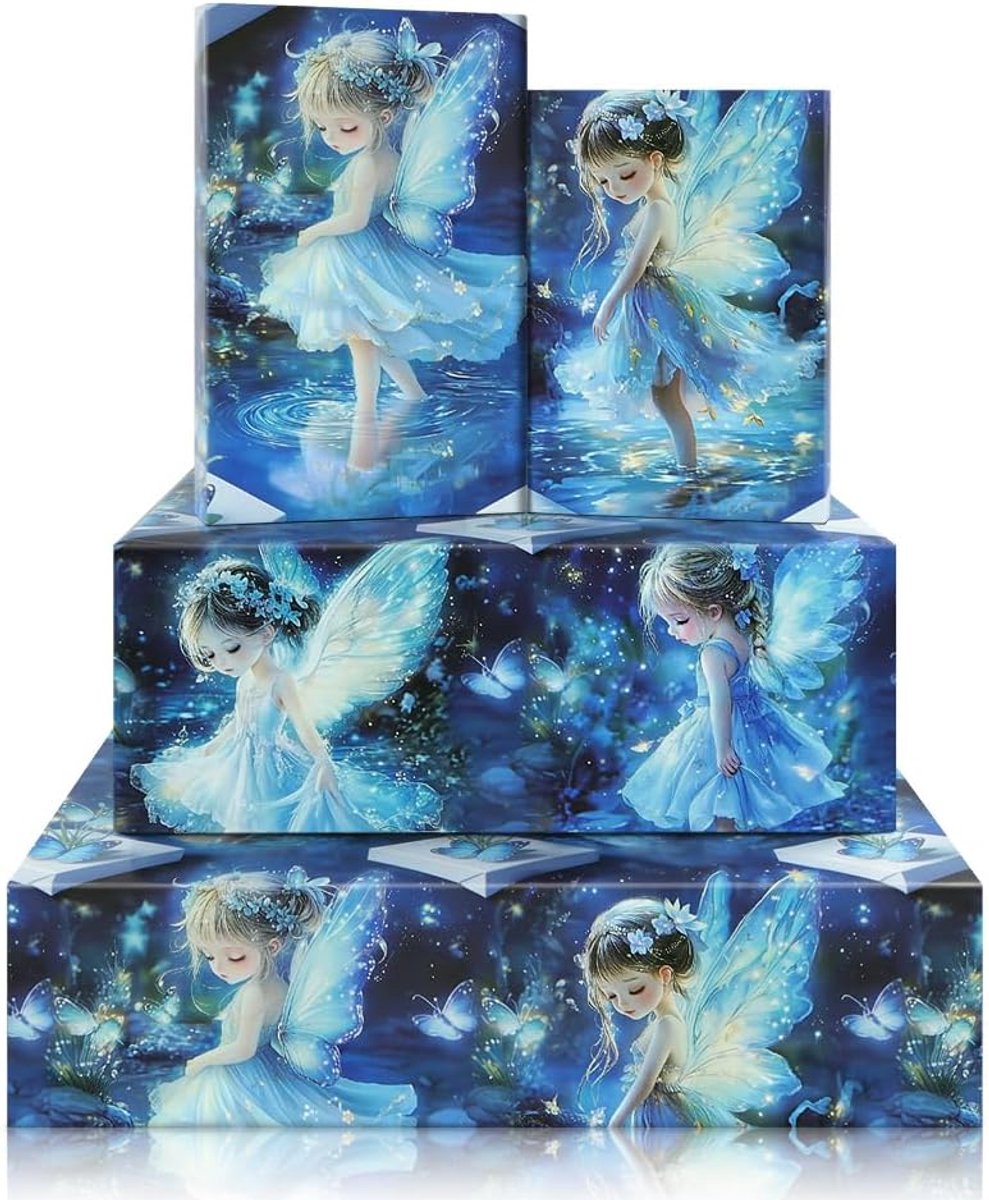 Inpakpapier lichtgevend 4 vellen - 50 x 70 cm - donkerblauwe feeënontwerp - magische cadeauverpakking - ShopVlot