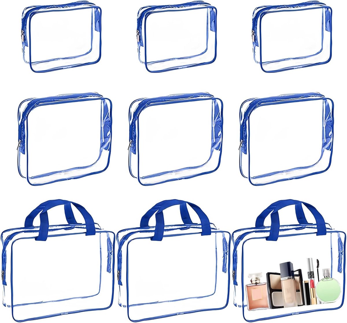 Toilettas Transparant 9 Stuks - Diverse Maten - Blauw - Perfect voor Reizen - ShopVlot