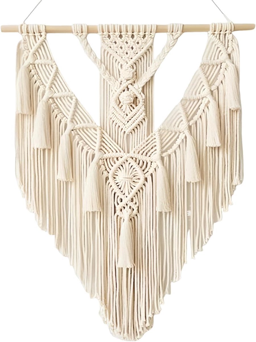 Macramé wandbehang groot - katoen beige - met kwastjes - unieke wanddecoratie voor woning - ShopVlot