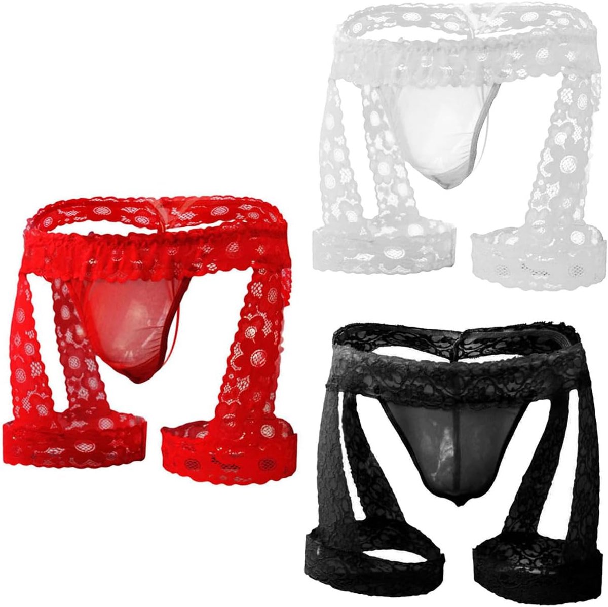 Jockstrap ondergoed voor mannen - lage taille - 3-pack zwart, rood en wit - sexy thong met zakje - ShopVlot