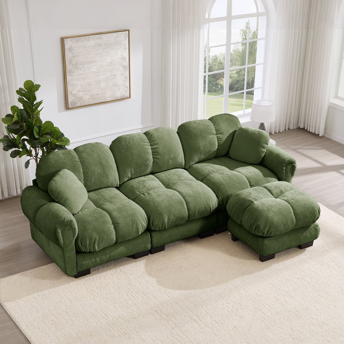 DESMIU Hoekbank 3-Zits - L-Vormig - Met Mobiele Ottomane En 2 Sierkussens - Voor Woonkamer - Chenille - Groen