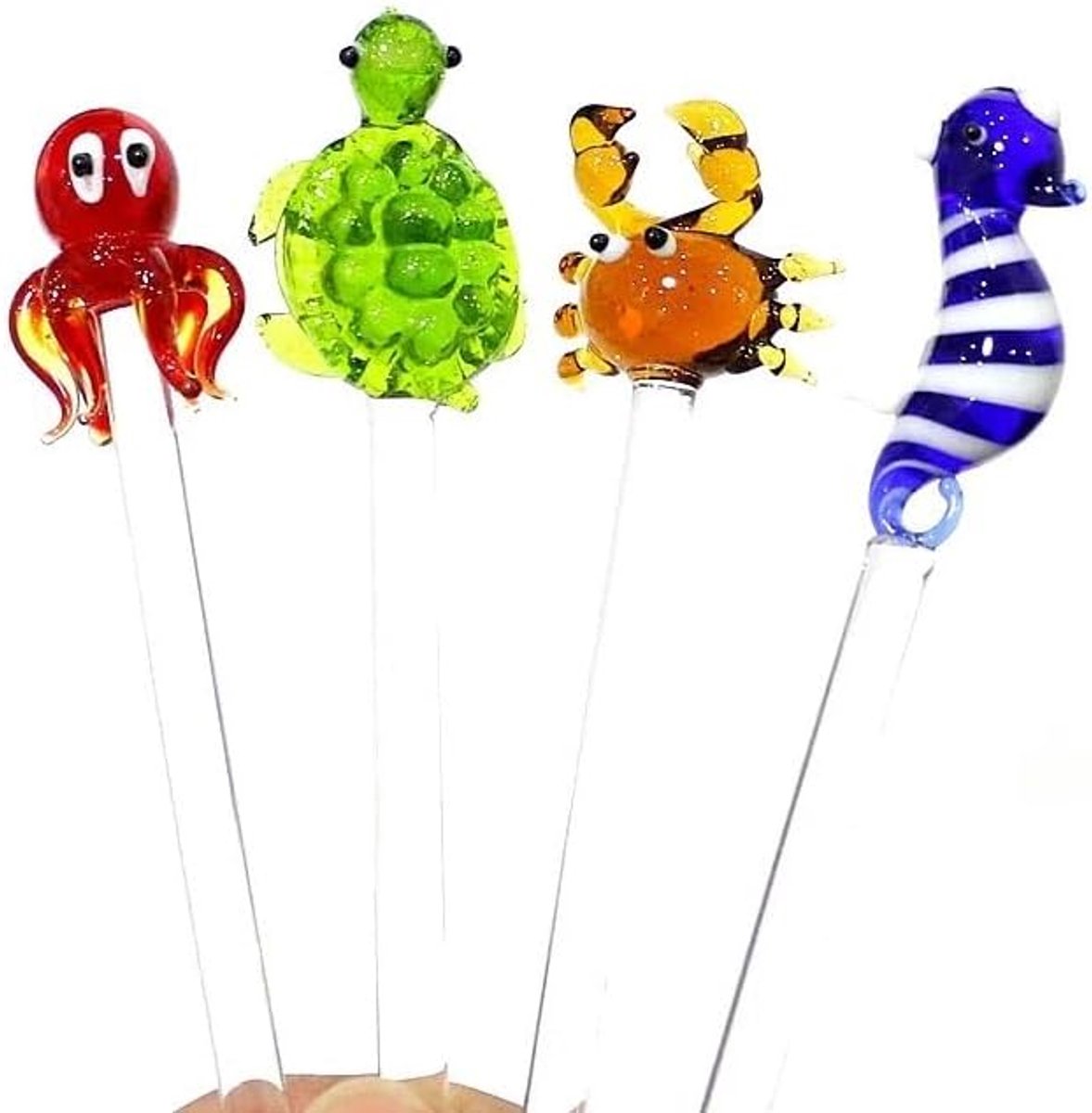 4pcs handmade glass cocktail stirrer sticks with octopus turtle seahorse crab mini figure decor milk drink pestle - ShopVlot