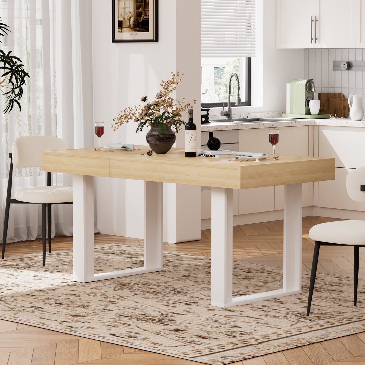 OKWISH Eettafel - Uitschuifbaar 120-160 cm - Voor 8 Personen - Retro Stijl Voor Keuken En Eetkamer - Hout Naturel En Wit