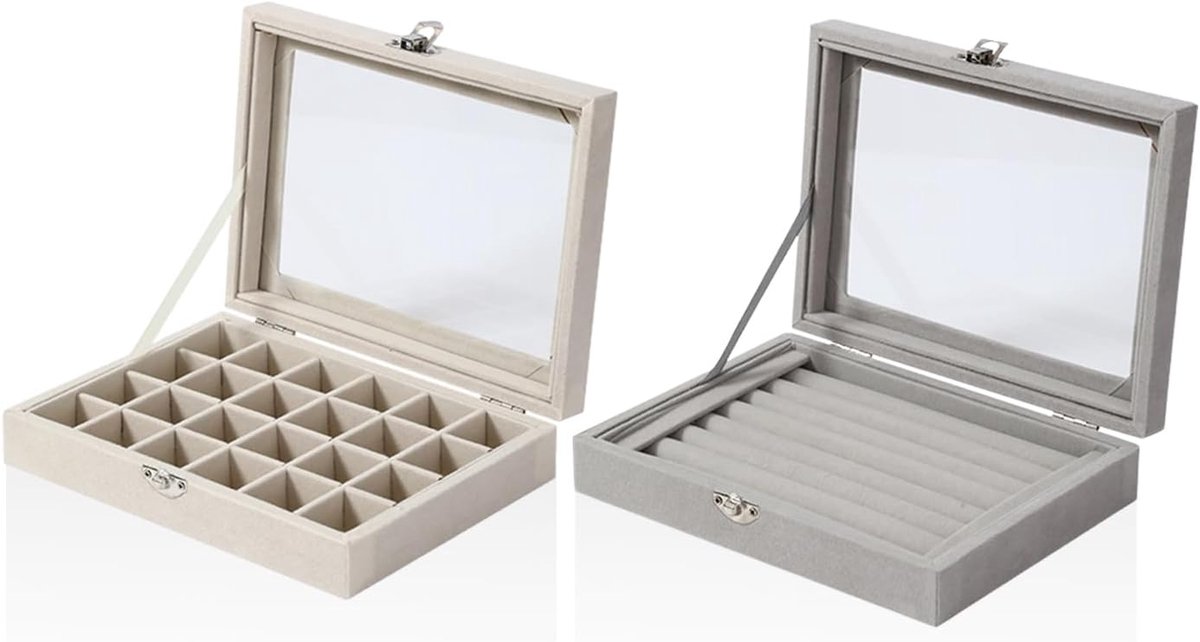 Sieradenbox 2 Stuks - Flanel - Grote Capaciteit - Bewaar Ringen, Kettingen en Oorbellen - ShopVlot